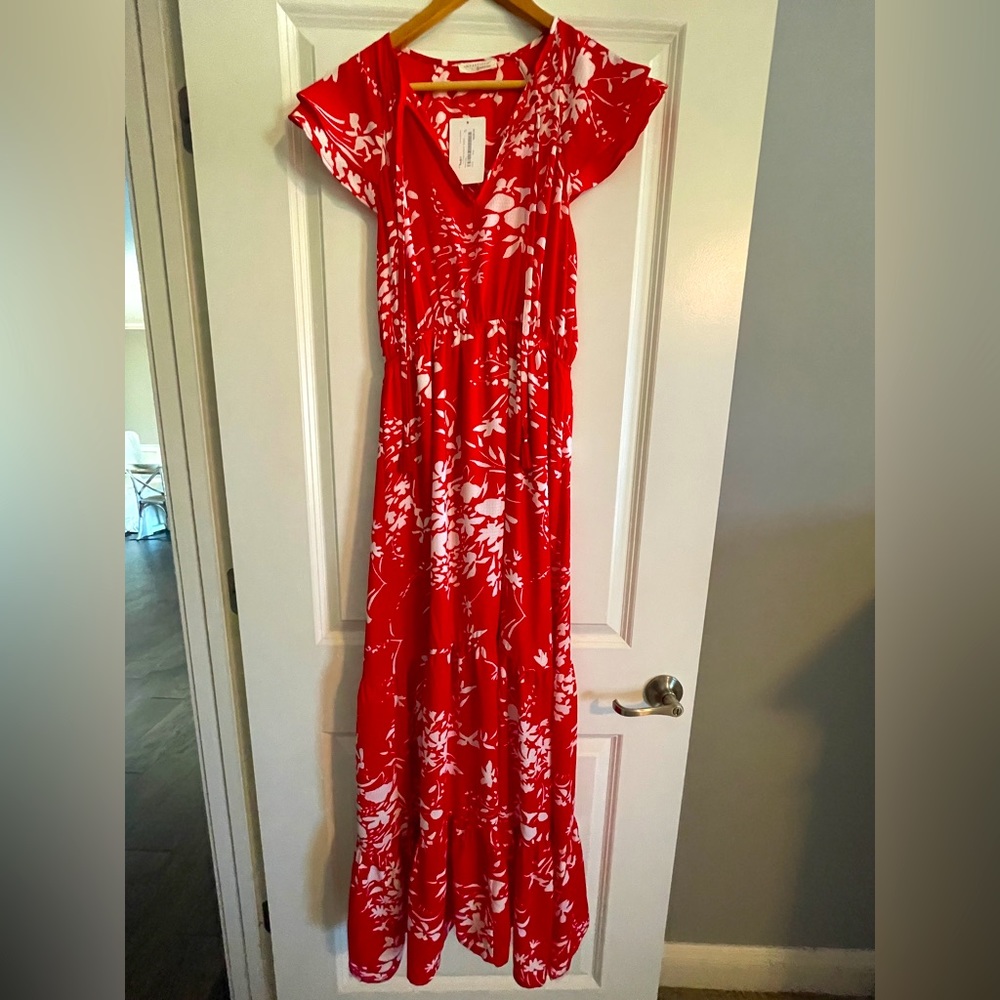 Lovestitch Flutter Sleeve Tiered Red Floral Dress (S) NWT